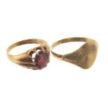 Two 9ct gold signet rings, to include a garnet signet ring and one other, hallmarks for