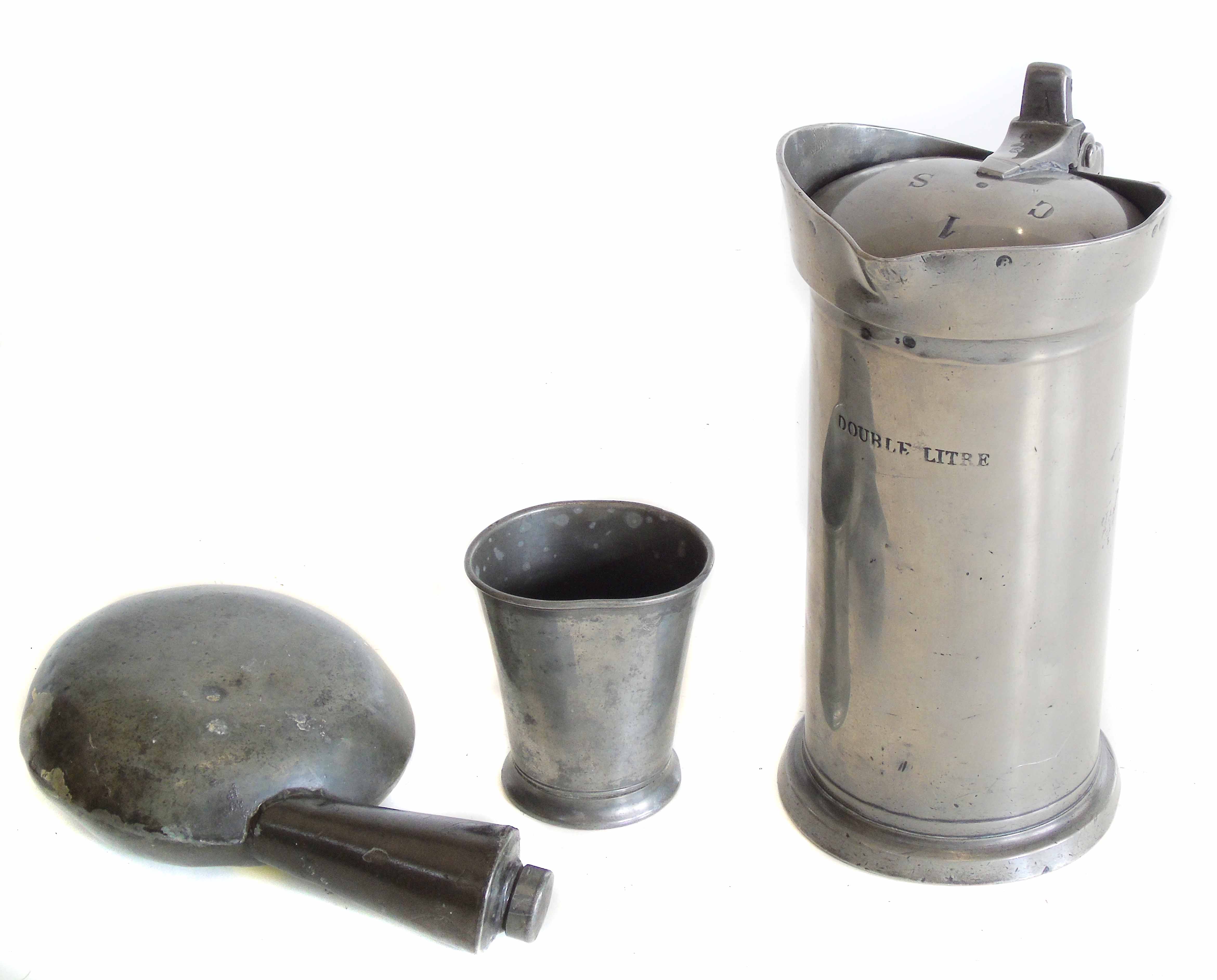 Polished pewter double litre lidded jug stamped F. Boulanget, pewter water carrier and tumbler