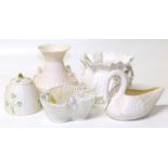 Belleek encrusted trifoil basket, together with two vases, a preserve pot, and swan Condition