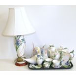 Franz porcelain hummingbird table lamp complete with shade, three Franz tea pots, picture frame,