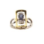 A sapphire doublet and diamond dress ring, of bi-colour design, the rectangular shape sapphire