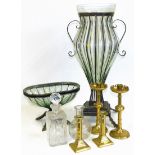 Two modern glass vases with metal mounts, two decanters and two pairs of brass candlesticks.