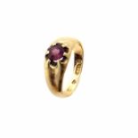 A late Victorian 15ct gold and ruby ring, the circular shape ruby inset to the tapered band,