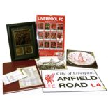 Quantity of Liverpool F.C. memorabilia to include Shankly framed legend picture, whisky glass,