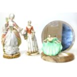 Art Deco figure mirror and two Capo Di Monte ladies Condition reports are not available for