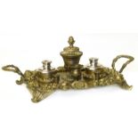 Late 19th century brass ink stand decorated with flower head (N.B, ink well replaced) Condition