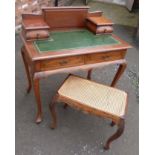 Continental style walnut ladies writing desk with inset leather top and stool with cane seat