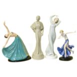 Royal Crown Devon "The Dancer", Royal Doulton "Elegance" (HN2880) and two other unmarked ladies