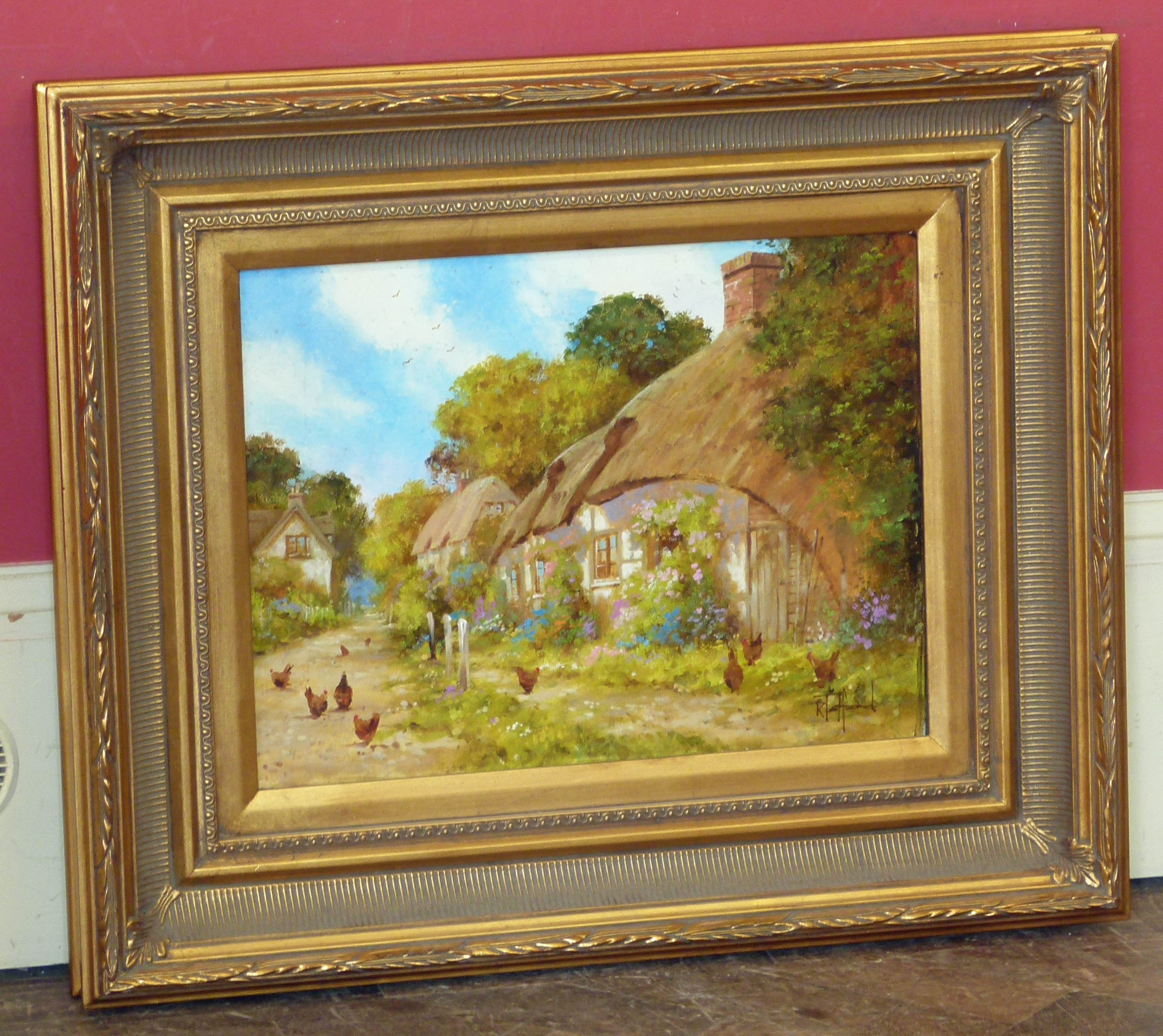 Richard Telford, 20th century, Rural village with thatched cottages, oil on canvas in ornate gilt