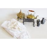 Asian brass incense burner, cast iron trivet, brass kettle, pewter and misc. table linen.