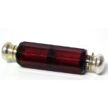 Cranberry glass double ended scent bottle, late 19th century, 10.5cm long. Condition reports are not