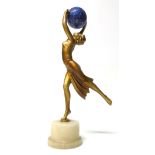 Art Deco metalware dancing figure on marble plinth holding ceramic globe Condition reports are not