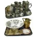 Collection of various pewter tankards, brass inkstand, jug etc. Condition reports are not