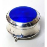 Silver and enamel pin box supported on three feet, Chester, 1920, I.M. Hutchfield. Condition reports