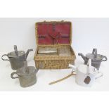 Various copper and enamelled watering cans, picnic basket etc. Condition reports are not available