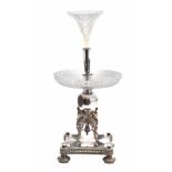 A late Victorian silver plated and cut glass epergne,