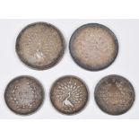 Two Burmese silver Kyat (1 Rupee) coins and three Burmese silver 5 Mu (1/2 Rupee) coins (5).