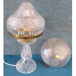 Cut glass table lamp together with an etched glass hanging shade We do not supply condition