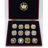 Box containing Five Pounds and Dollar coins relating to the Queen's Golden Jubilee 2002.