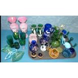 A collection of Victorian Mary Gregory type glass and other enamelled green and blue glassware We do