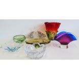 Six coloured glass bowls and a vase by Murano and related factories. We do not supply condition