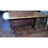 20th century oak dining table four planked pegged top with trestle base Condition reports not