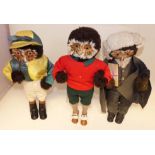 Three figures of owls 19" high, Lawyer, Jockey and one other Condition reports not available for