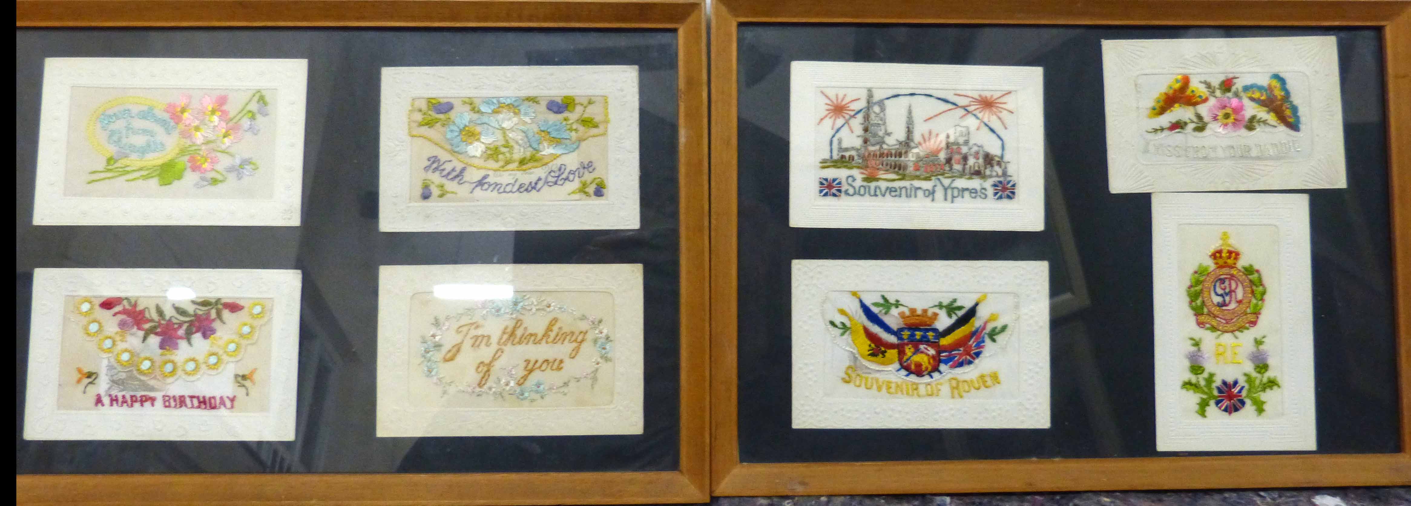 8 framed wartime silk postcards Condition reports not available for this auction