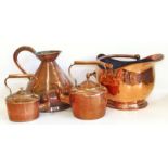 Copper two gallon measure, coal scuttle and two kettles Condition reports not available for this