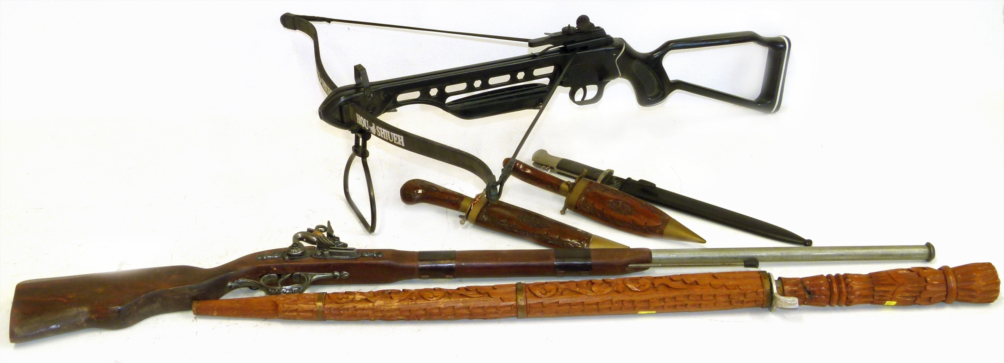 Mauser rifle bayonet, two Asian knifes and a sword, reproduction musket and a Hou Shiueh crossbow