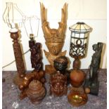 A collection of Asian figures, lamp bases, plaster bust, art nouveau style figures and tobacco