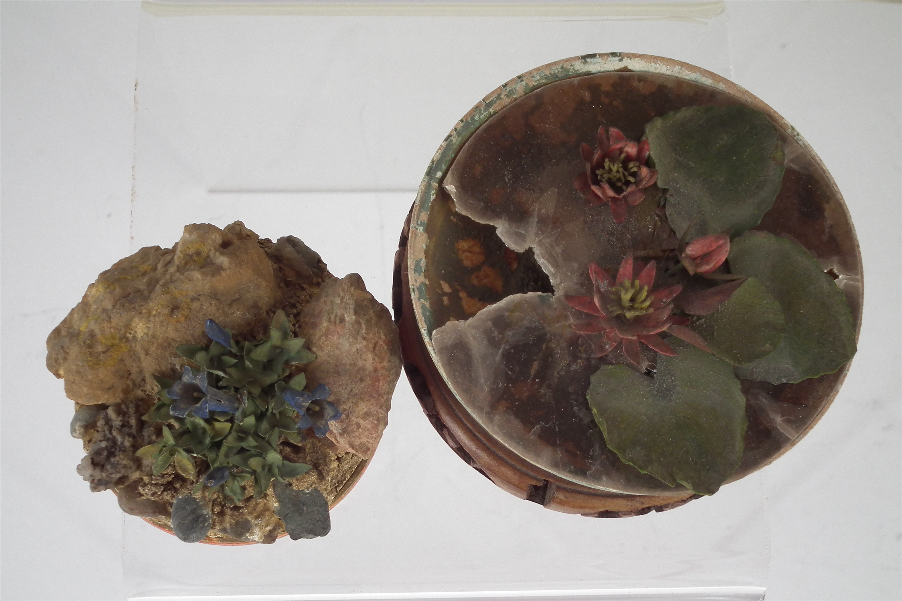 Beatrice Hindley two plant studies circa 1920, cold painted metal construction, fitted into wood - Image 2 of 7
