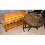 Oriental hardwood occasional table with lift-up lid and folding circular table Condition reports not