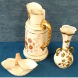 Royal Worcester pierced ivory vase, a jug and a Graingers basket (damages to the second two)