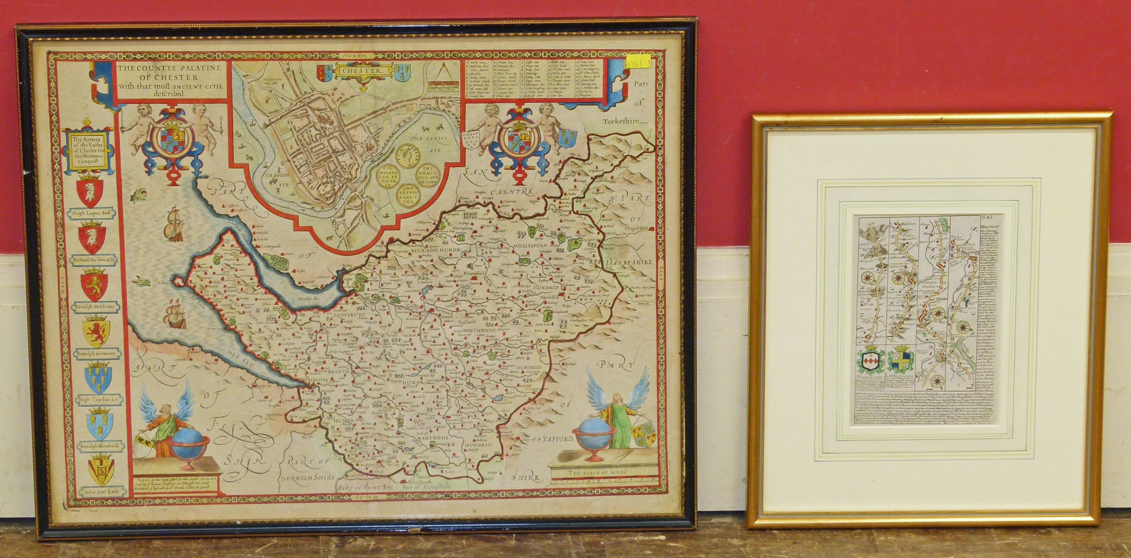 John Speede, Map of Cheshire, together with framed road map. Condition reports not available for