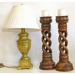 Modern gilded table lamp and a pair of spiral carved candlesticks Condition reports not available