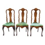 Three Dutch mahogany framed single dining chairs, vase shaped splat back, upholstered drop-in seats,