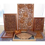 Six carved Asian three division pierced panels and two boxes Condition reports not available for