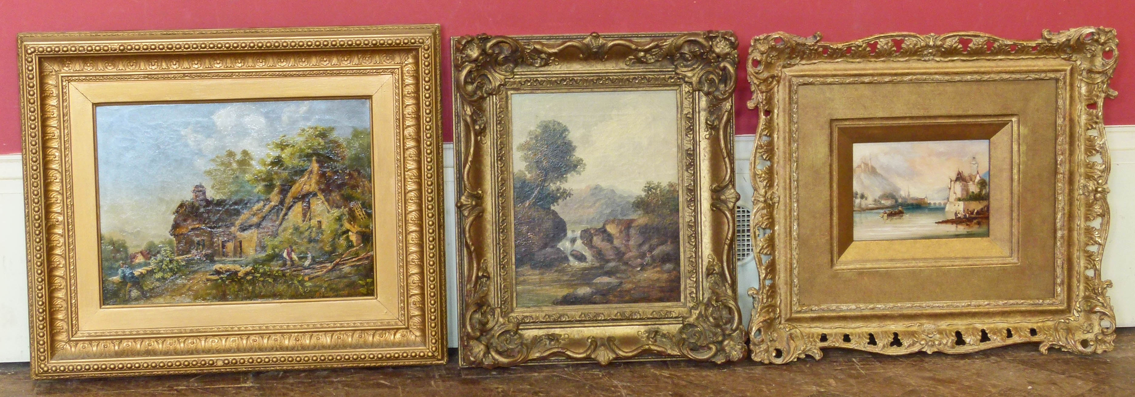 William Webb, Fisherman by River, oil, and two other 19th century oil paintings (3) Condition