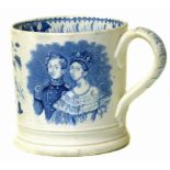 Staffordshire Queen Victoria and Prince Albert marriage mug circa 1840, printed in blue 10cm high