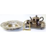 A selection of silver plate and white metal items to include a pierced fruit bowl and an EPNS teaset