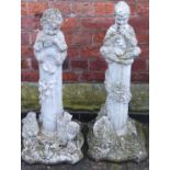 A pair of precast garden pedestals with pixies playing instruments Condition reports not available