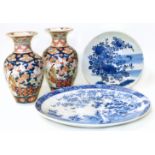 Large Japanese charger, pair of Imari vases, and one other charger. Condition reports not