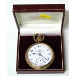 A gold plated open face Thos. Russell & Son pocket watch, the circular signed white enamel dial with