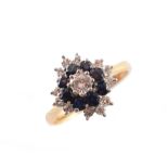 An 18ct gold sapphire and diamond cluster ring, the brilliant cut diamond within a circular shape