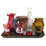 Mary Gregory style jug and vase, three other pieces of ruby glass, commemorative Saga ruby