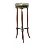 Mid 19th century jardiniere stand of French design, soapstone hexagonal top with brass gallery,