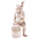 Japanese Ivory okimono, depicting an Oni with temple bell, unsigned, Meiji Period 1868-1912, 9cm