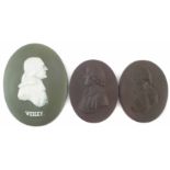 Two Wedgwood black basalt plaques, one depicting Nelson the other Thomas Whieldon, both unmarked,