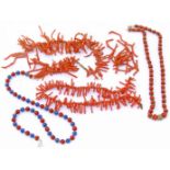 A selection of coral jewellery, to include a coral and filigree beaded necklace, a coral and lapis